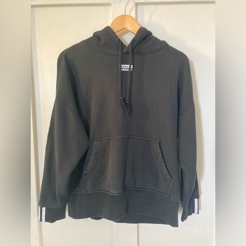 Adidas hoodie hood sweater black with white stripes logo Small 100% cotton